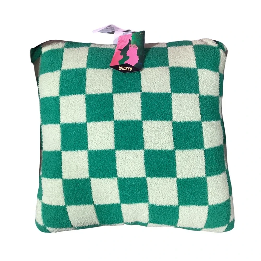 Wicked Checkerboard Pillow‎ Green White Plush Throw Accent Decor